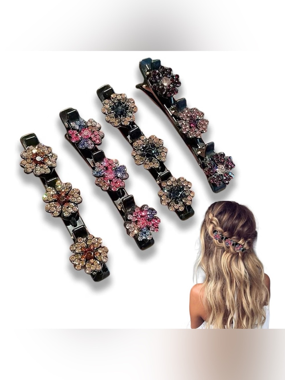 Generic 4PCS Sparkling Crystal Stone Braided Hair Clips in four color